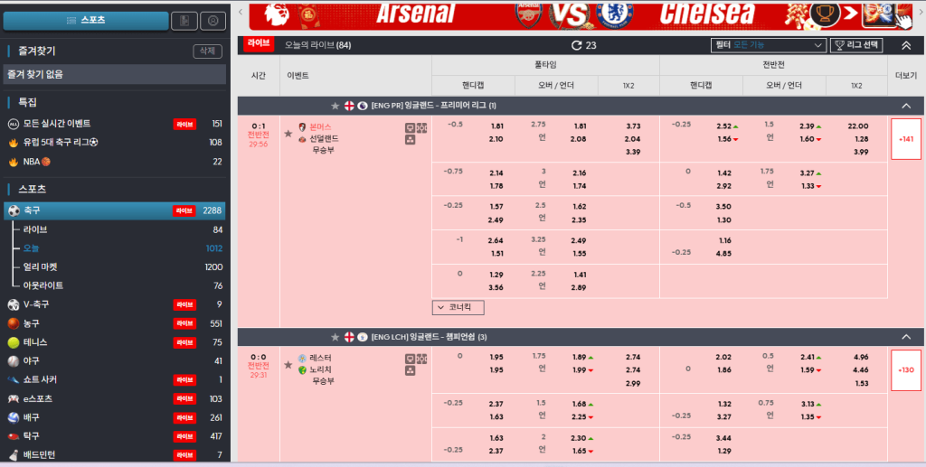 W88 SABA 라이브 베팅 인터페이스